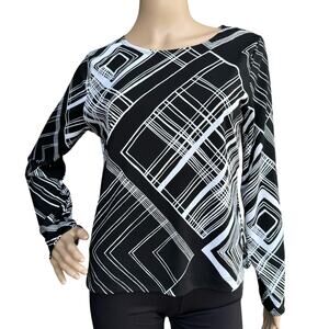 Francesca Rose Women Black White Geometric Long Sleeves Crew Neck Pullover Top S